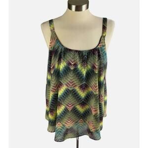 NY Collection Womens Medium Sleeveless Tank Blouse Green Black Print